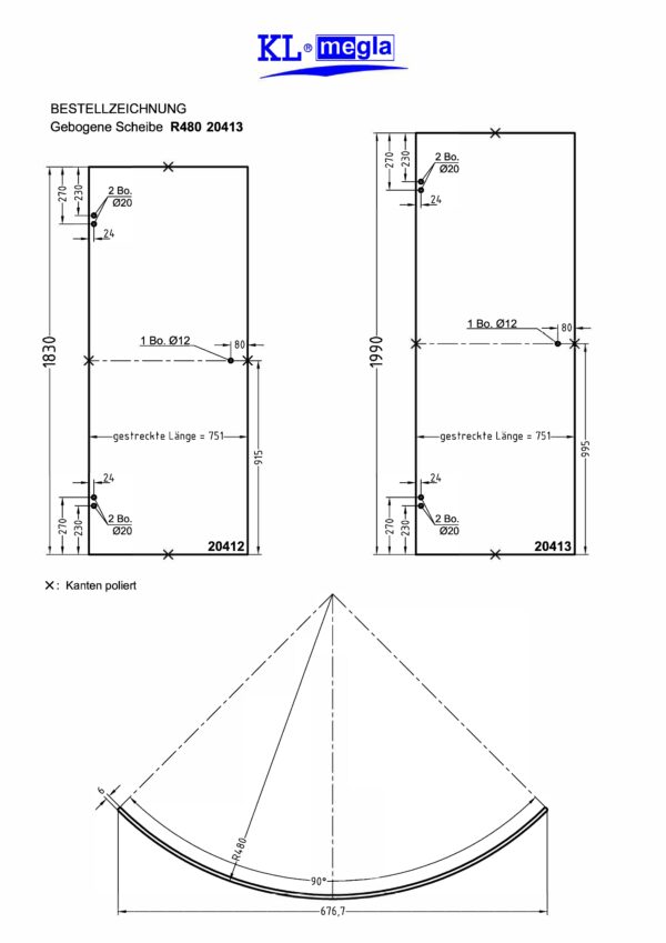 20413 Gebogene Scheibe für RundduscheGlashöhe 1990 mm Radius 480 mm 1-schalig• passend für Beschlagsserie Wellness und Atlantica