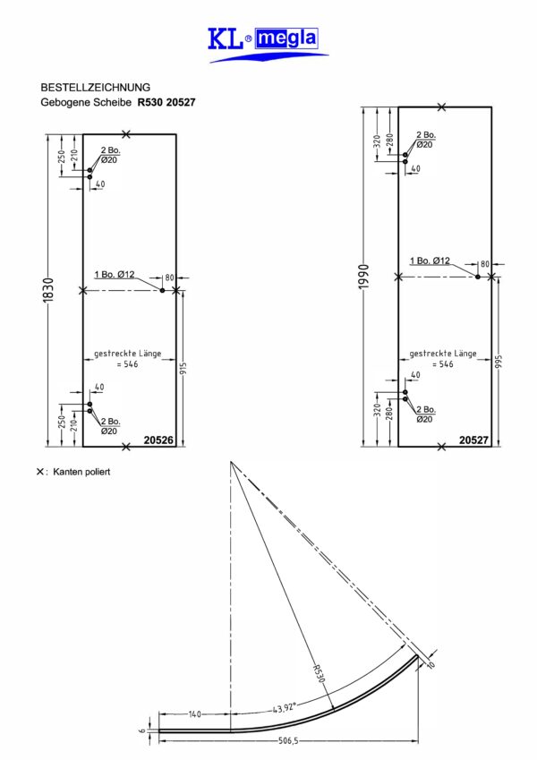 20527 Gebogene Scheiben für RundduscheGlashöhe 1990 mm Radius 530 mm 2-schalig• passend für Beschlagsserie Wellness