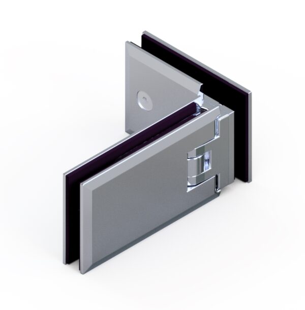 06140_31 MILANO Duschtürbeschlag G-G 90°( Eckband) • Basismaterial: Messing • Oberfläche: glanzverchromt • beidseitig öffnend • stufenlos einstellbare Nulllage • für 8 mm ESG (Standard)