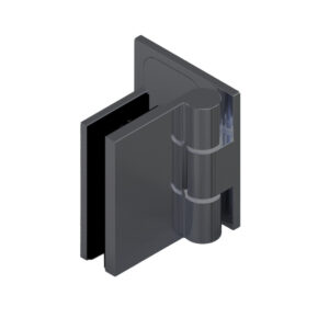 16410_65 WELLNESS PREMIUM Duschtürbeschlag G-W 90°• Basismaterial: Messing• Oberfläche: ONYX schwarz matt• DIN-rechts, außen öffnend• mit Langlochanschraubplatte • mit Abdeckung aus Edelstahl• für 8 mm ESG // Shower door hinge, g-w 90°, EN-right With slotted hole screw plate with stainless steel coverOpens outwards, For 8 mm tempered glass