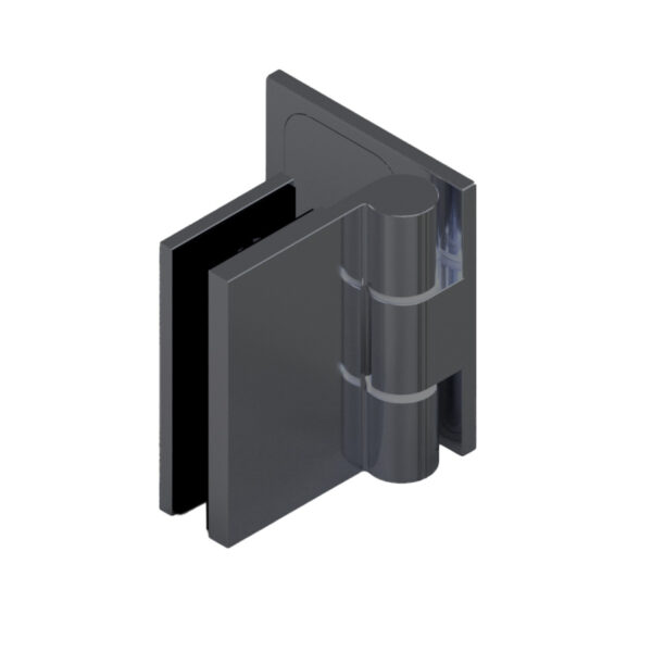 16410_65 WELLNESS PREMIUM Duschtürbeschlag G-W 90°• Basismaterial: Messing• Oberfläche: ONYX schwarz matt• DIN-rechts, außen öffnend• mit Langlochanschraubplatte • mit Abdeckung aus Edelstahl• für 8 mm ESG // Shower door hinge, g-w 90°, EN-right With slotted hole screw plate with stainless steel coverOpens outwards, For 8 mm tempered glass